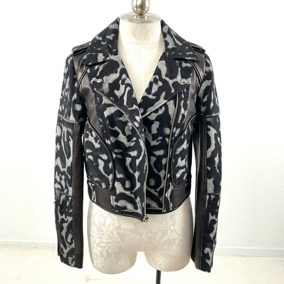 Diane Von Furstenberg Jackets & Blazers - DVF Diane Von Furstenberg Jacket 6 S/M Moto Leather Wool Print Black Grey NWOT